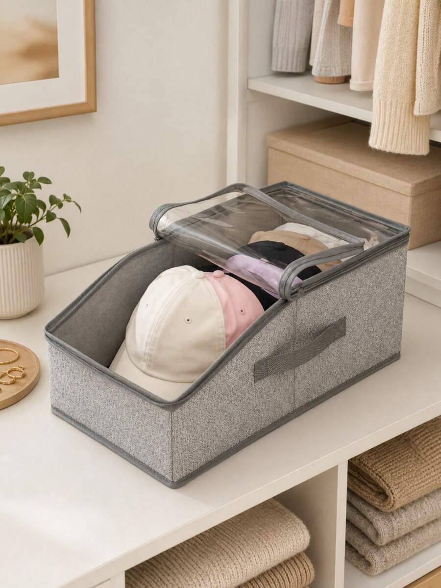 Hat Storage Box With Transparent Window, Zipper Dust-Proof Hat Organizer Box, With Portable Handle And Label Slot, Suitable For Baseball Caps, Duckbill Caps, Sun Hats And Casual Hats Organization, Regular Box Shape Saves Closet Space, Suitable For Bedroom, Walk-In Closet, Wardrobe, Shelf And Storage Room Use Home Hat Organizer Storage Box - Multicolor - View 1