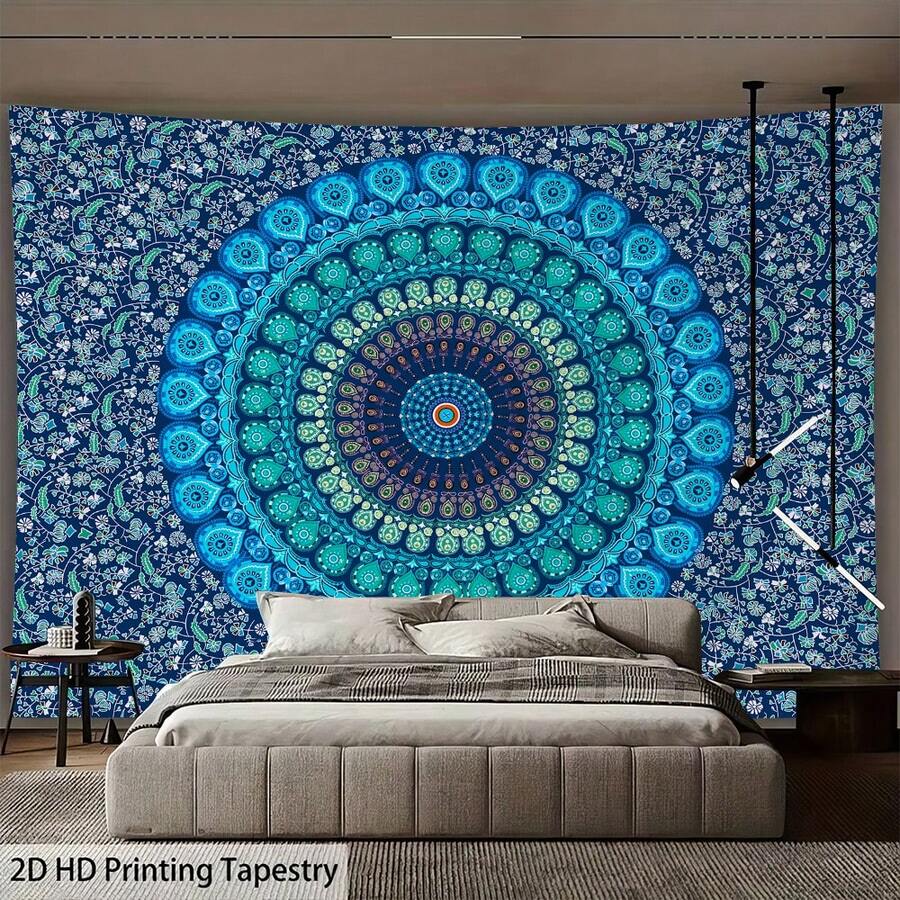 Hippie Bohemian Peacock Mandala Tapestry Wall Hanging Bedding - Blue Mandala - View 1