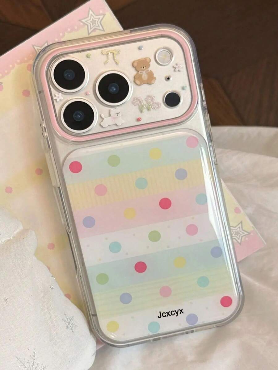 可愛熊波點圖案透明邊緣手機殼，適用於 iPhone 18 17 Pro Max 18 17 Pro 16 Pro 16 Pro Max 15 Pro Max 15 Pro 14 Pro Max 14 Pro 13 Pro Max，防震保護套 - 彩色波點 - 查看 1