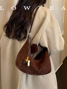 low tea 1pc Minimalist Crescent-Shaped Suede Fabric Shoulder Bag, Suitable For Commuting, Shopping, Etc. (With Pendant) - Coffee - View 9