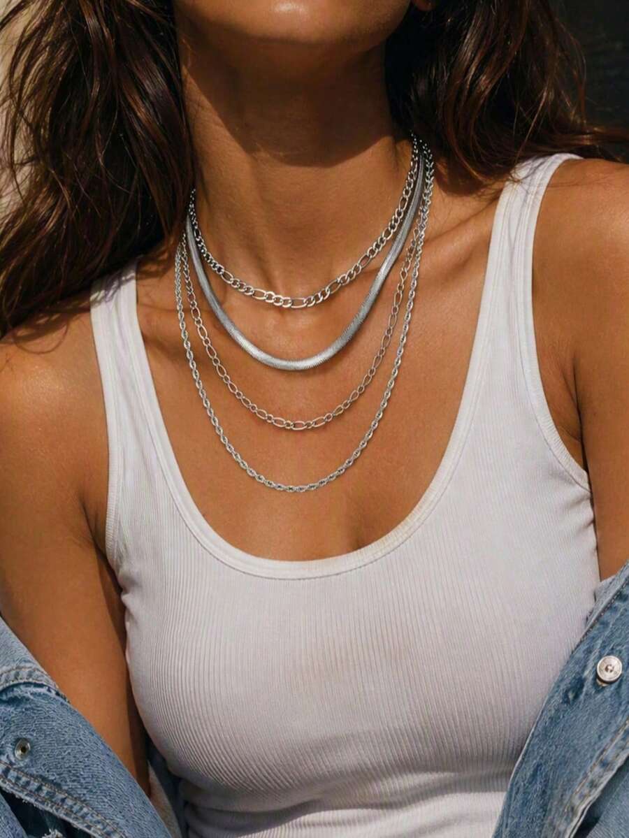 Set Kalung Perhiasan Punk Metalik 4 Buah/Set, Dapat Dipakai Sendiri atau Ditumpuk, Rantai Leher Wanita Hip Hop Keren dan Manis Berlapis, Cocok untuk Pemakaian Sehari-hari - perak - View 1