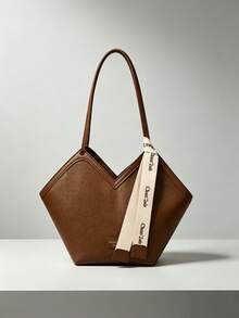 Maillard Style Geometric V-Neck Tote Bag, Brown Embossed Faux Leather Material, Unique Polygonal V-Neck Shape, Minimalist Long Shoulder Strap, Paired With Printed Silk Scarf Ribbon Accessory, Open Top Large Capacity Design, High-End Texture, Suitable For Commuting, School, Travel, Vintage Minimalist Style Women's Shoulder Handbag - Brown - View 1