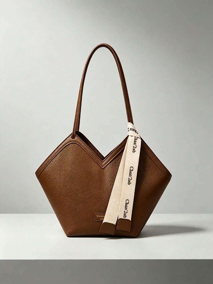 Maillard Style Geometric V-Neck Tote Bag, Brown Embossed Faux Leather Material, Unique Polygonal V-Neck Shape, Minimalist Long Shoulder Strap, Paired With Printed Silk Scarf Ribbon Accessory, Open Top Large Capacity Design, High-End Texture, Suitable For Commuting, School, Travel, Vintage Minimalist Style Women's Shoulder Handbag - Brown - View 1