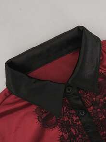 Wine Red Satin Lapel Long Sleeve Shirt, Black Lace Embroidery Spliced Vintage Elegant Commute Blouse, Halloween Style For Spring & Autumn - Burgundy - View 4