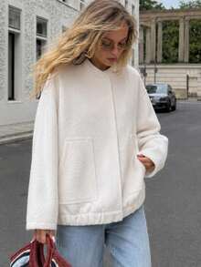 Women Stand Collar Fleece Cropped Jacket, Hidden Button Front Pockets Loose Fit Warm Outerwear For Halloween Christmas Party Fall Winter Daily - White - View 3