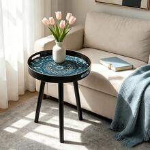 Bohemian Round Side Table,Plastic With Handles,Blue Maze Pattern Side Table,Modern Vanity And Serving For Ottoman,Coffee Table,Kitchen And Bathroom,Small Home Furniture,For Living Room,Bedroom,Balcony,Ideal Holiday Housewarming Gift - Black - View 1