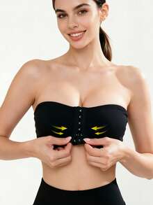 Women's Black Front-Closure Strapless Bandeau Bra, Non-Slip, Wireless Anti-Sag Support, Seamless Invisible Bandeau Top - Black - View 6