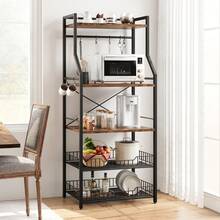 Techigher Küchenregal mit 5 Ebenen, Mikrowellenregal & Kaffeebar, Standregal im Industrie-Design mit 2 Metallkörben & 8 Haken, Küchen-Organizer für Töpfe & Gewürze - Verschiedenfarbig - Übersicht 3