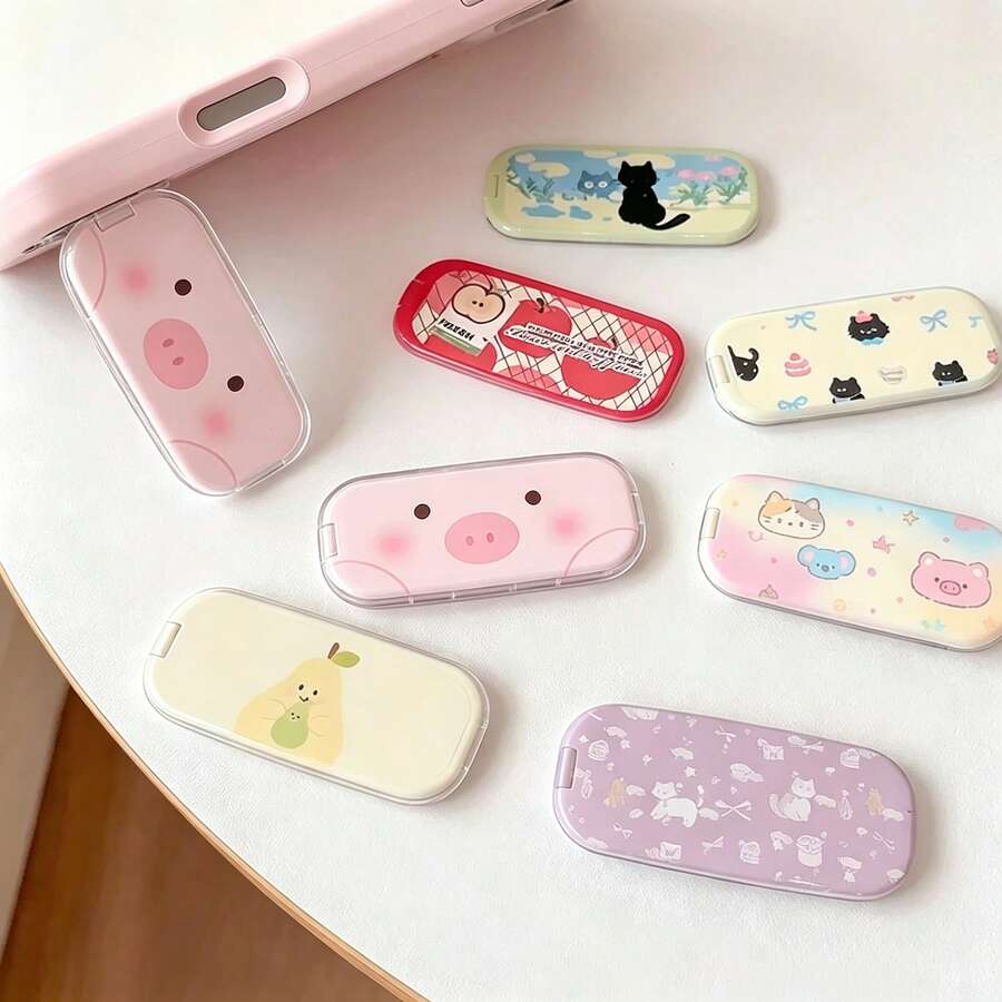 Cute Foldable Cartoon Creative Mirror Phone Stand, Korean-Japanese Style Pattern, Foldable Invisible Desktop Adhesive Mirror Back Sticker, New Binge-Watching Phone Holder, Portable Desktop Support Stand, Horizontal And Vertical Universal Mirror Phone Case Stand For Men, Premium Mirror Finish - Multicolor - View 1