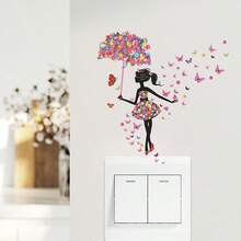 1pc PVC Self-Adhesive Switch Outlet Wall Sticker, Dancing Girl & Flower Umbrella Print Switch Sticker For Sofa Background Wall, Home Decor - Multicolor - View 6