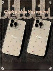 Dark Burgundy Background Retro Butterfly Floral Custom Personalized Cursive Name Phone Case, Custom Unique Hand Letter Vintage Girly Aesthetic Shockproof Protective Cover For All Mobile Models - Clear - View 4