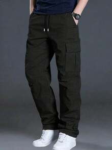 Pantalones cargo de pierna recta con múltiples bolsillos de unicolor para primavera/otoño, pantalones largos casuales holgados para hombres para uso al aire libre y desplazamientos - Negro - Ver 1