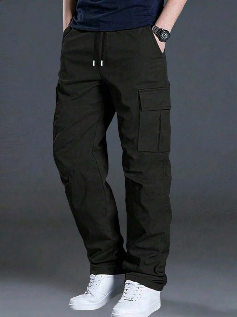 Pantalones cargo de pierna recta con múltiples bolsillos de unicolor para primavera/otoño, pantalones largos casuales holgados para hombres para uso al aire libre y desplazamientos - Negro - Ver 1