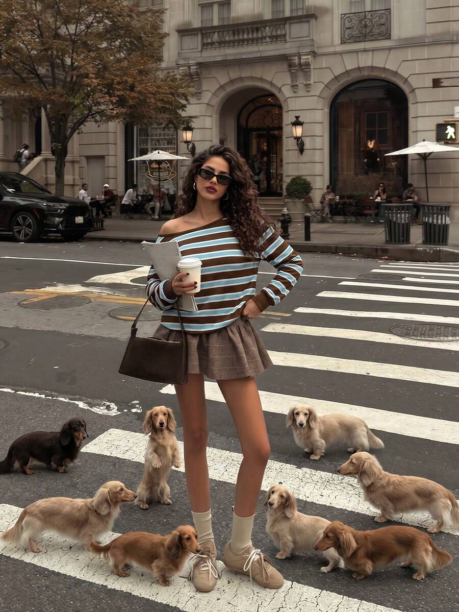 Sweatshirt Wanita Lengan Panjang Kasual Musim Gugur/Dingin 2026 dengan Motif Garis dan Blok Warna Serbaguna - Coklat - View 1