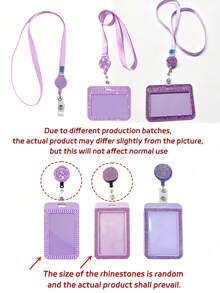 Purple Sparkling Rhinestone ID Card Holder With Lanyard, ID Card Storage Box, Anti-Loss Lanyard, Student ID Card Holder, Self-Service Restaurant Card Holder, Sliding Cover, Dual Card Slots, Bus Card Holder, Bank Card Holder, Metro Card Storage, Adjustable Portable ID Card Holder Decorative Keychain, Suitable For Office Workers And Students, Perfect Gift, Back To School Gift, Couple Card Holder, Bank Card Holder, Travel Essential, Back To School, Commuting, Business Trip, Teacher's Day Gift - Multicolor - View 9