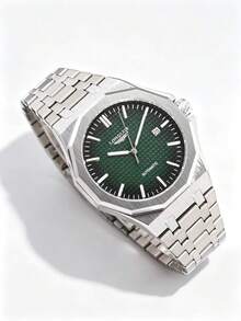 LONGLUX 1pc Men's Automatic Mechanical Watch With Calendar, Butterfly Clasp, Steel Band, Minimalist Casual Style - Green - View 5