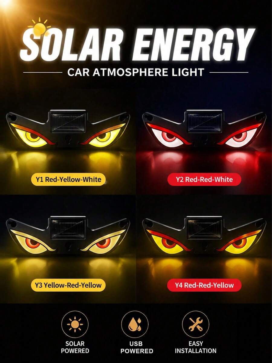 Luces LED para Ventana de Coche con Ojo Malvado Alimentadas por Energía Solar, Nuevo Ojo de Coche LED Dinámico 2026 con Sensor de Vibración y Luz, Luz Ambiental de Ojo de Demonio para Parabrisas, Recargable por USB-C, 5 Modos, Instalación con Ventosa, Batería de 300mAh