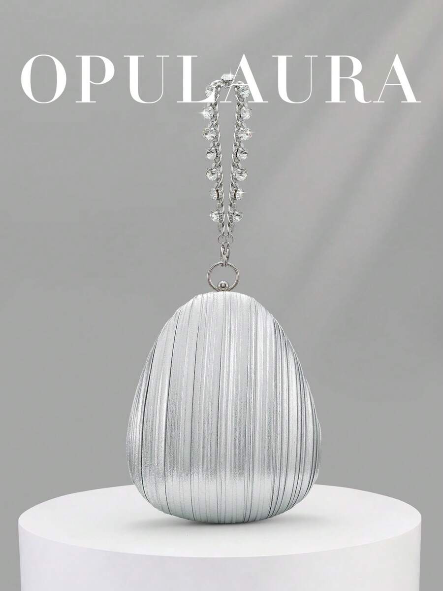 OpulAura 1件裝銀色亮面布料女款手提包,精緻迷人閃鑽手鍊裝飾,時尚不對稱方型手拿包,適合派對、正式禮服、舞會、畢業典禮、新娘穿著、派對手提包、婚禮手拿包 - 銀色 - 查看 1
