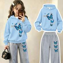 Fashion Street Youth Girl Butterfly Print Hooded Sweatshirt With Printed Loose Pants, 2-Piece Set For Autumn/Winter - Baby Blue - View 9