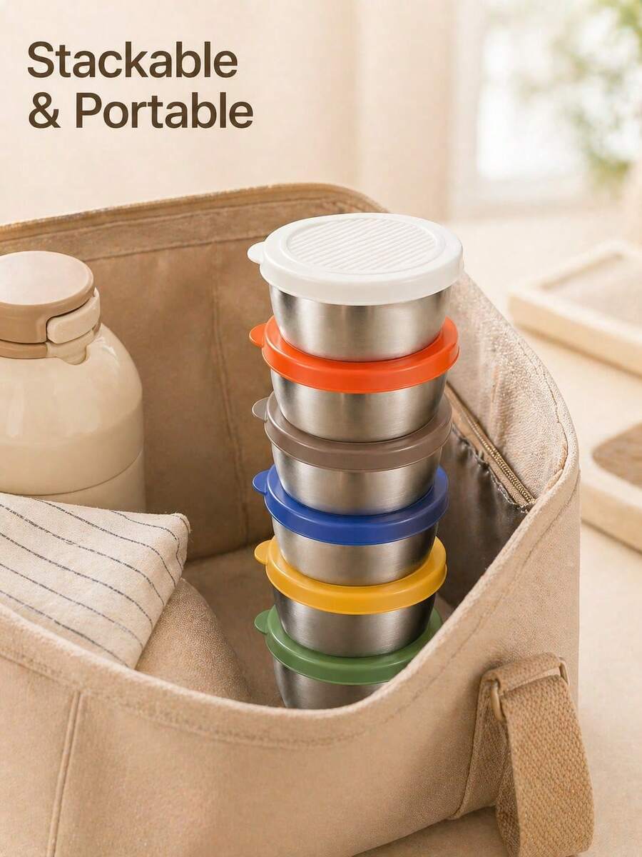 6pcs 2.7oz Stainless Steel Salad Dressing Container To Go With Silicone Lids, Mini Leakproof Dipping Sauce Cups Condiment Dip Portion Containers For Bento Box Lunch, Back To School College Dorm Travel Essentials