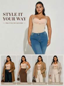 Women's Plus Size Shaping Jumpsuit, Open Chest Design, Firming And Tummy Control - Apricot - View 5