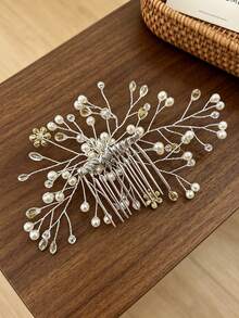 1pc Luxury Beaded Gold Flower Side Comb Hair Accessory For Wedding, Vacation, Performance, Updo - Multicolor - View 8
