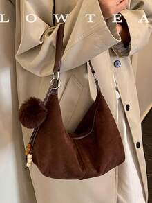 low tea 1pc Minimalist Crescent-Shaped Suede Fabric Shoulder Bag, Suitable For Commuting, Shopping, Etc. (With Pendant) - Coffee - View 12