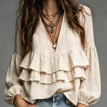 Nueva blusa de mujer de manga larga con doble capa de volantes plisados, top elegante y casual, camisa de estilo bohemio con cuello en V y volantes de manga larga, estilo casual, elegante, blusa minimalista color albaricoque, adecuada para atuendos de otoño, opción ideal para crear looks de otoño de moda y cómodos.
