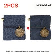 `2‑Pack Retro Lace Embossed PU Leather Pocket Notebook, Mini Portable Travel Journal With Watch Pendant Decor, Vintage Diary Notepad For Handmade Junk Journal` - Multicolor - View 9