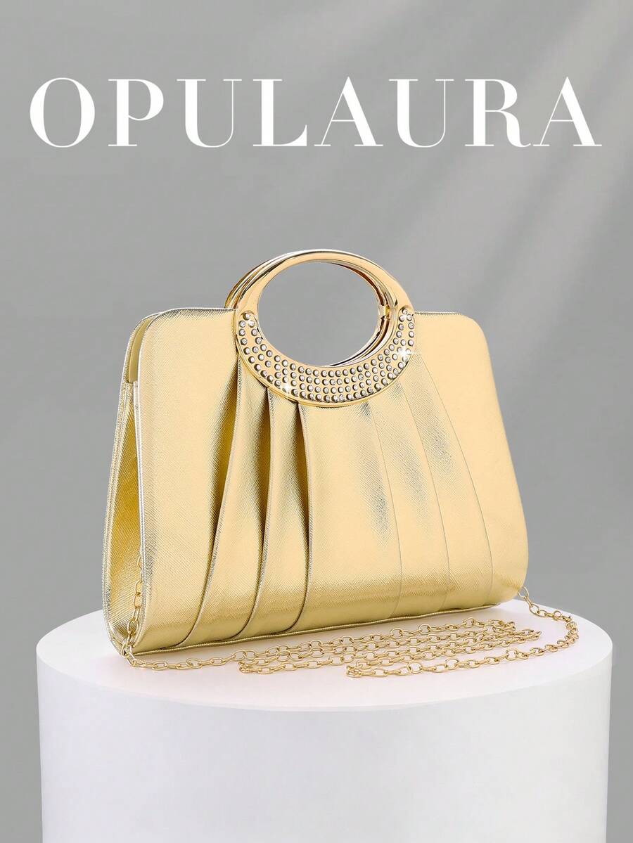 OpulAura 女士时尚闪亮水晶水钻晚宴手拿包,璀璨奢华镶钻正式礼服手提包,适合晚宴、派对、生日、婚礼等场合作为礼物 - 金色 - 查看 1