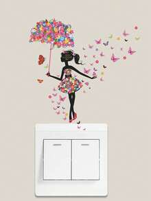 1pc PVC Self-Adhesive Switch Outlet Wall Sticker, Dancing Girl & Flower Umbrella Print Switch Sticker For Sofa Background Wall, Home Decor - Multicolor - View 5