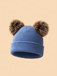 1PC Kids Solid Color Double Pom Pom Basic Cuffed Knit Hat, Multiple Color Options For Fashion Matching, Soft And Elastic Suitable For Autumn/Winter Multiple Occasions, Fits Both Boys And Girls - Multicolor - View 11