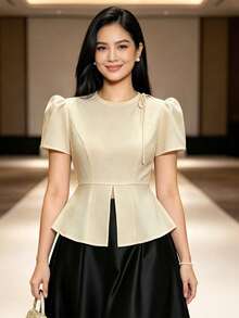 1件式現代菲律賓風荷葉邊純色開衩短袖上衣 女款 夏季 - 杏色 - 查看 2