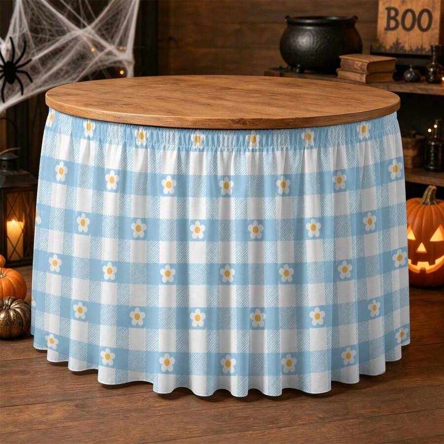 1pc Table Skirt, 2D Printed Blue & White Plaid With Daisy, Suitable For Home Decor, Holiday Decor, Party Supplies, Party Gifts, Party Event Decor, Table Decor - A - View 1