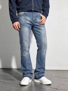 Men's Vintage Light Blue Washed Flared Jeans, Gradient Cat Whisker Faded Thighs Vibe Street Style Versatile Casual Daily Stretch Denim Pants - Blue - View 1