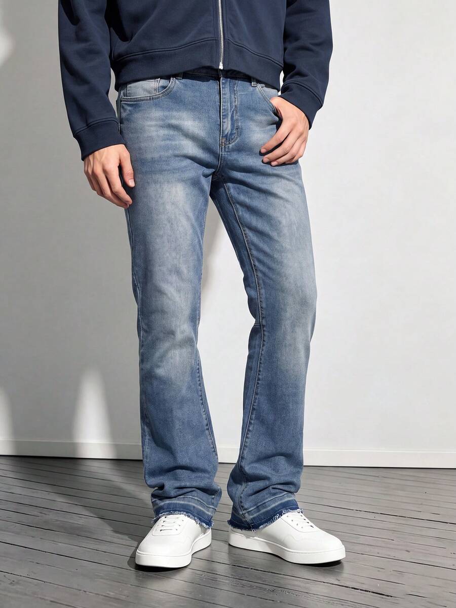 Men's Vintage Light Blue Washed Flared Jeans, Gradient Cat Whisker Faded Thighs Vibe Street Style Versatile Casual Daily Stretch Denim Pants - Blue - View 1