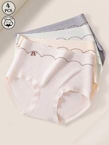 4pcs Women's Cotton Panties, Printed & Solid Color, Minimalist, Skin-Friendly, Comfortable, Butt-Lifting, Women's Triangle Panties - Multicolor - View 12