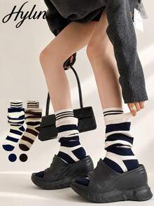 2 Pairs Autumn/Winter 2 In 1 Design Striped Slouch Mid-Calf Socks, Warm Layered Loose Fit Calf Socks - Multicolor - View 1