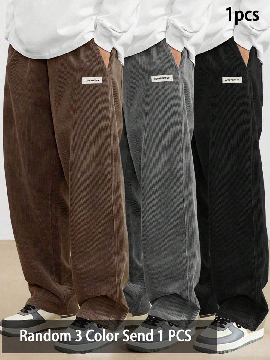 [1pc Random]1pc Boys' Loose Casual Sports Solid Color Versatile Design Corduroy Straight Leg Pants - Brown - View 1