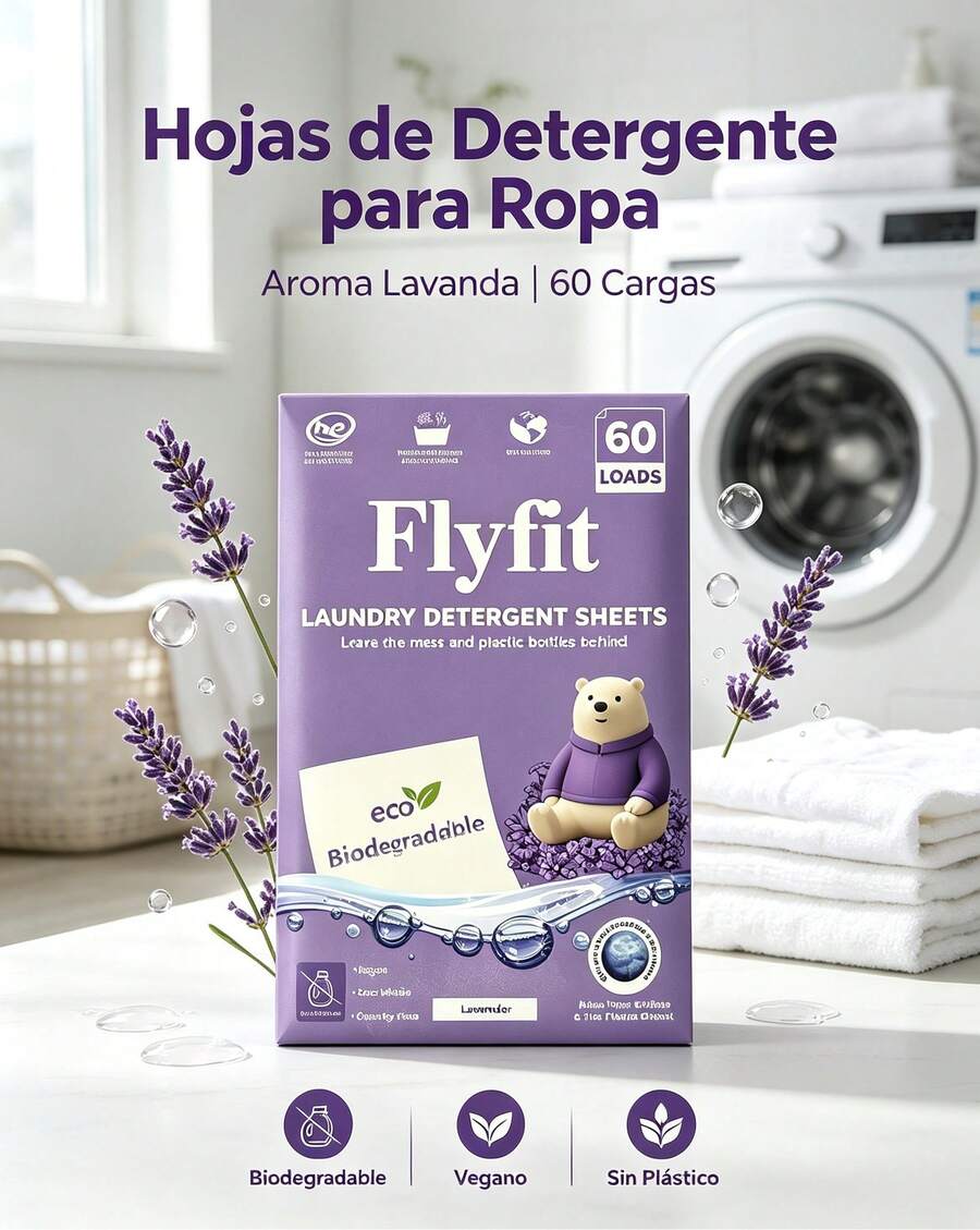 Hojas Detergentes para Ropa Flyfit x Teddy Island Aroma Lavanda, 60 Cargas Biodegradables Ecológicas Sin Plástico - Predeterminado - Ver 1