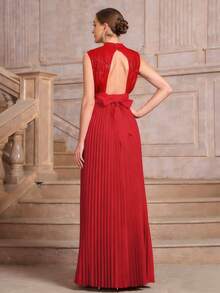 Elegant Sequin Patchwork Pleated Sleeveless Evening Dress - Red - View 3