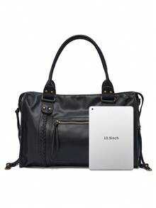 Dedoo Handbag Solid Color Synthetic Leather Braided Detail Front Pocket Vintage Style Daily Use For Women - Black - View 8