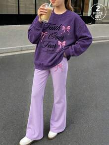 2pcs/Set Girls Round Neck Sweatshirt Set, Printed With Bows And English, Paired With Casual Flared Pants, New Comfortable Autumn/Winter Outfit - Purple - View 1