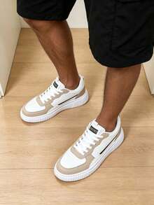 Couples Shoes 36-45, Summer Khaki White Colorblock Men's Casual Sneakers, Classic Lace-Up Design Fits Foot Shape, Thick Sole Soft And Bouncy, Lightweight And Comfortable, Breathable Upper For Long Wear Without Stuffiness, Simple And Versatile Color Matching, Suitable For Home, Commute, Shopping, Walking And More, Pairs Well With Shorts And Long Pants, Casual Men's Shoes For Summer Daily Wear - Khaki - View 11
