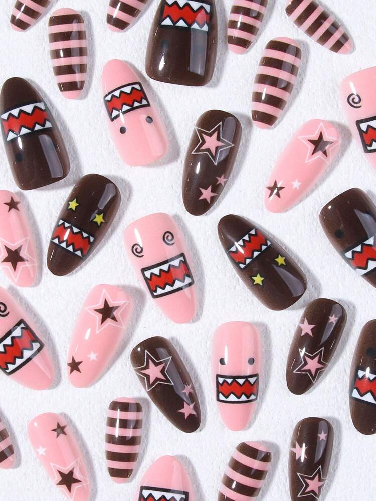 30pcs Medium Length Almond Shaped Funny Cartoon Face Black & White Line Art Design Press-On Nails, Cartoon Nails Suitable For Girls And Women Daily Work, Holiday Party Use - Multicolor - View 5