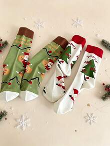 3/5 Pairs Random Style Christmas Mid-Calf Socks, Santa Claus Christmas Tree Gingerbread Man Reindeer Jacquard Casual Socks, Unisex Holiday Gift Socks - Multicolor - View 3