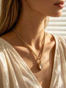 1pc Style Stainless Steel Geometric Design Pendant Necklace For Women, Suitable For Party/Gathering/Vacation Wear - Yellow Gold - View 3