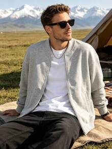 Men's Zipper Flight Jacket, Lightweight Jacket, Solid Color, Husband, Long Sleeve, Work, Suitable For Autumn - Light Grey - View 2