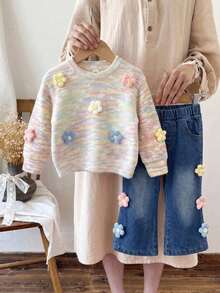 Baby Girl Fashion Multi-Color 3D Floral Sweatshirt And 3D Floral Fashion Denim Flare Pants - Multicolor - View 1