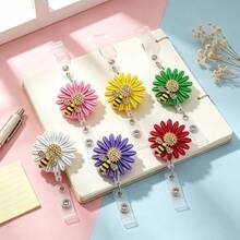 Daisy Alloy Rhinestone Bee Flower Retractable Badge Reel, ID Card Holder, Daisy 5-Petal Retractable Easy Lock ID Lanyard, With 360° Rotating Crocodile Clip Badge Reel And Retractable Nurse Badge Reel, Glitter Decoration - Bee Daisy - View 5